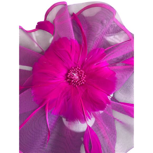 FASINATOR WOMENS HEADBAND MESH RIBBON BEADS FEATHERS HOT PINK PARTY HAT - Picture 6 of 9